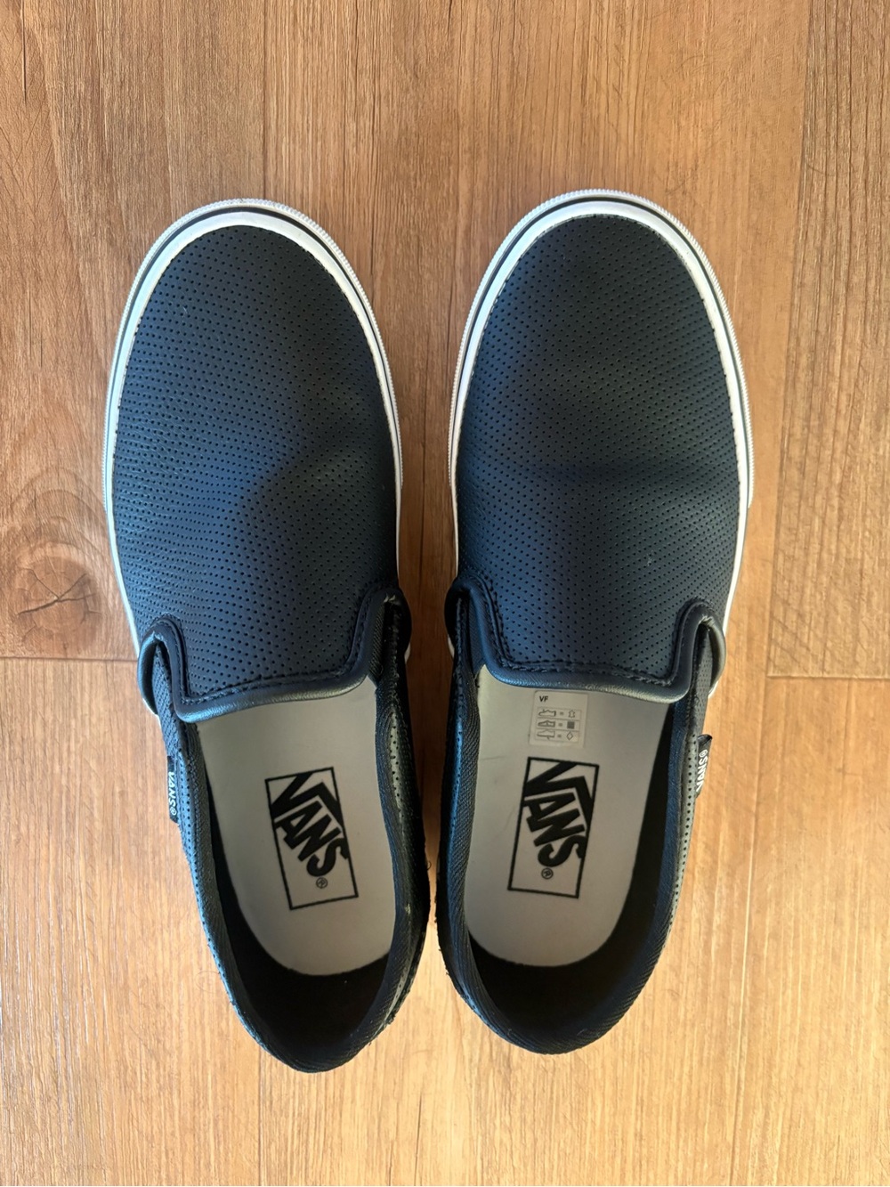 Vans Black Perforated Leather Slip-On Sneakers with White Sole sz 8.5
